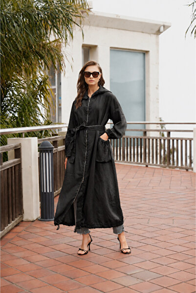 MissWhence Hooded Belted Linen Overcoat - Black