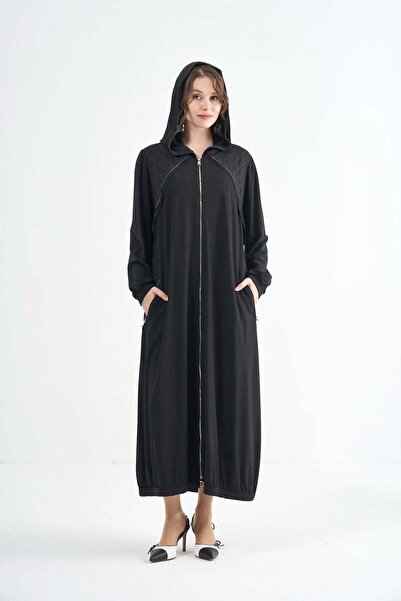 MissWhence Hooded Zip-Front Long Overcoat - Black