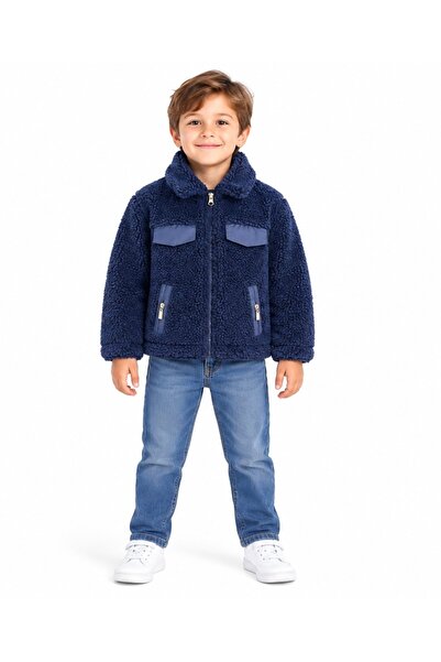 MAVİ BONCUKK Çocuk Unisex Peluş Welsoft Fermuarlı Kapüşonlu ve Dik Yaka Polar...