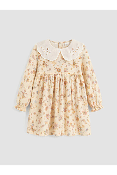 LC Waikiki Nevavm Ecru Gabardine Floral Girl's Dress with a Difference