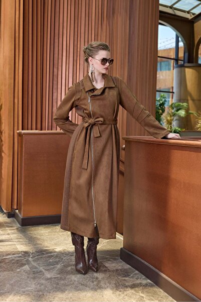 MissWhence Belted Suede-Effect Long Coat - Tan