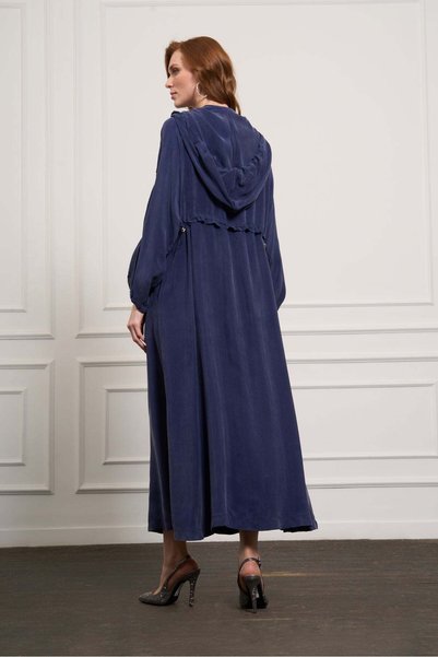 MissWhence Hooded Cupro Overcoat with Drawstring Waist - Indigo