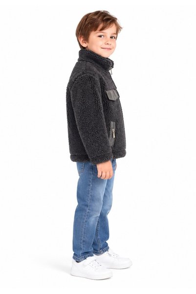 MAVİ BONCUKK Children's Unisex Plush Welsoft Zippered Hooded and Stand Collar Fleece Coat Jacket