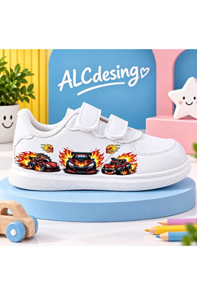 alcdesing حذاء رياضي للأطفال بتصميم سيارة مطبوع عليها اللهب