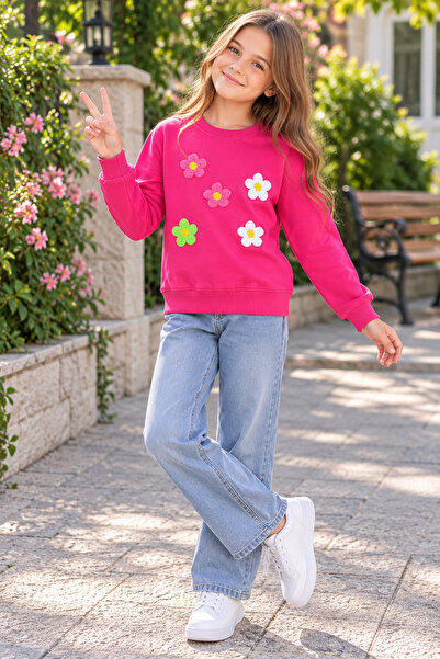 SERPİL Girls' Sweatshirt – Fuchsia Pink Floral Patterned Crew Neck Long Sleev...
