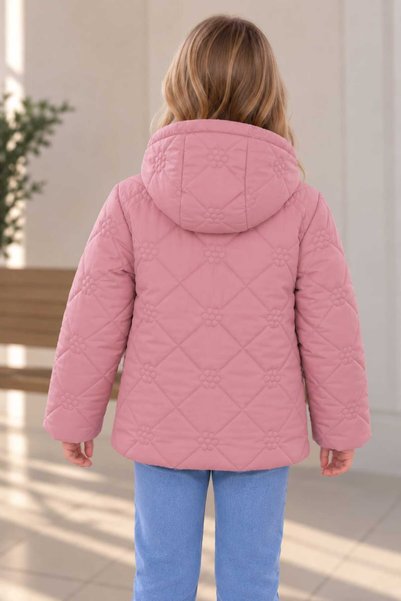 DUBLİNO KİDS Flowered Baklava Patterned Girls' Water and Wind Proof Hooded Coat
