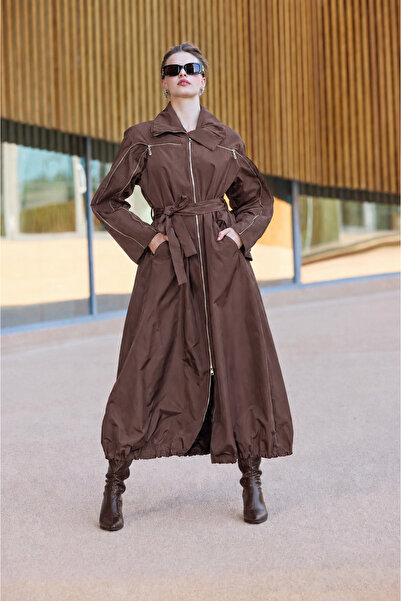 MissWhence Long Zip-Front Overcoat with Sleeve Details - Brown