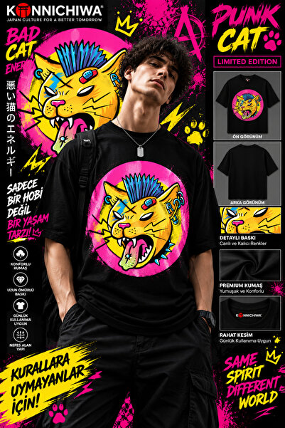 FG KONNİCHİWA Punk Cat Printed Black T-Shirt Tee Tshirt – Colorful Bad Cat St...