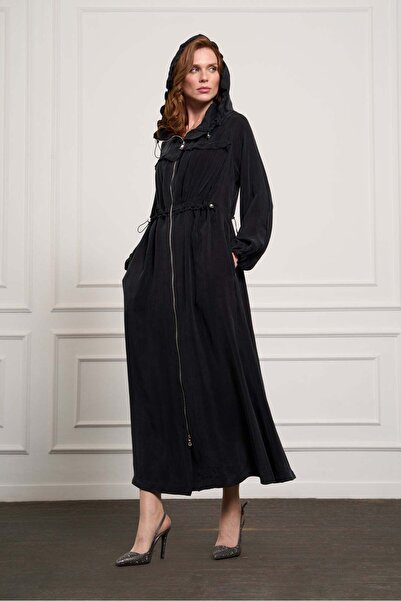 MissWhence Hooded Cupro Overcoat with Drawstring Waist - Black