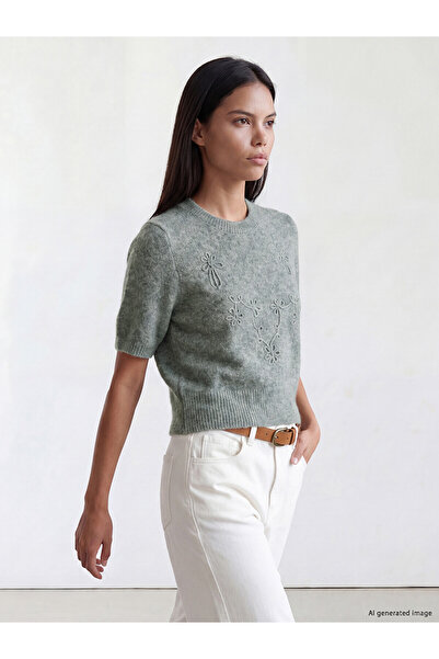 LC Waikiki Nevavm Lcw Comfort Green Knitwear Embroidered Oval Collar Women's ...