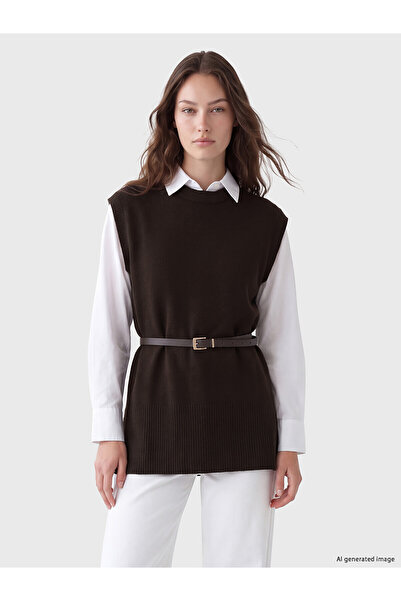 LC Waikiki Lcw Modest Brown Knitwear Plain Women's Sweater with Nevavm Differ...