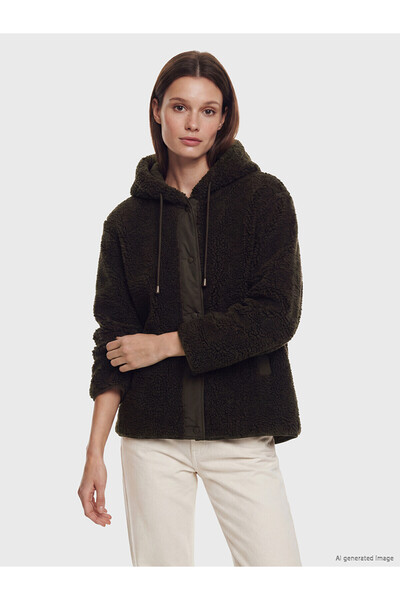 LC Waikiki Lcw Modest Brown Hooded Oversize Women's Plush Coat with Nevavm Di...