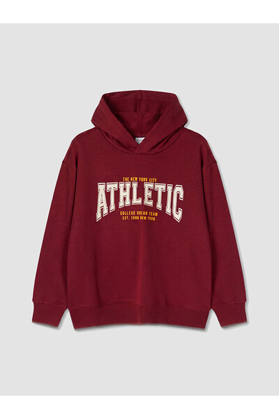 LC Waikiki Two Mt Shop Quality Burgundy Hooded Printed Boys' Sweatshirt