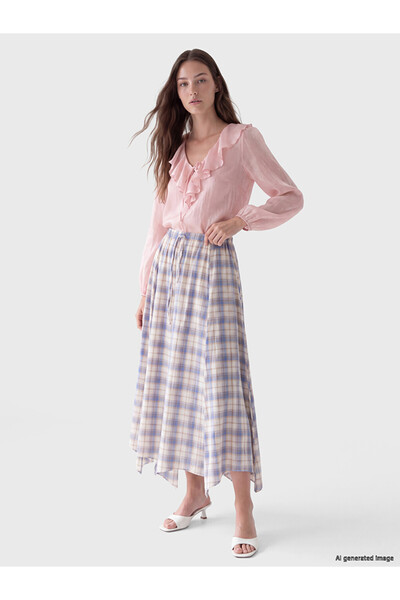 LC Waikiki Peak New Season Blue Plaid Asymmetrical Skirt with Elastic Waist