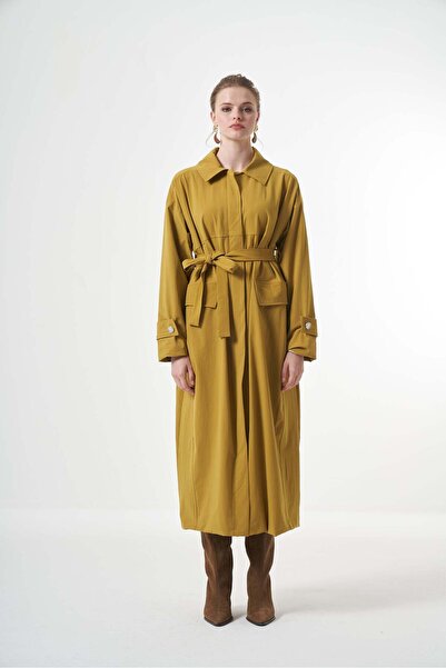 MissWhence Belted Long Overcoat with Cuff Tabs - Yellow