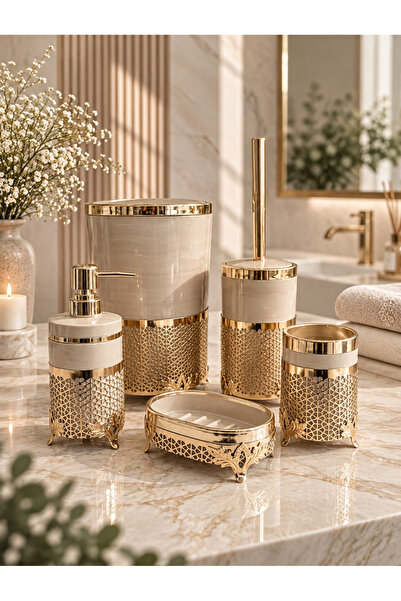 TrendBanyoMutfak Beyaz Metal Standlı Gold Banyo Seti – 5 Parça Lüks Banyo Aks...