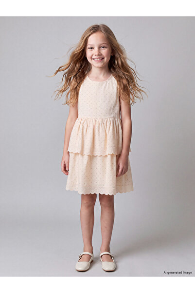 LC Waikiki Lcw Kids Ecru Poplin Polka Dot Girls' Dress with Nevavm Difference