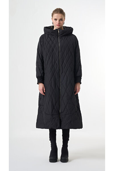 MissWhence Plus-Size Hooded Diamond-Quilted Coat - Black