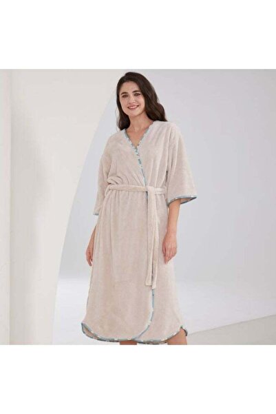 REEFI Elegant Women's Coral Fleece Bathrobe, Lightweight and Quick-Drying, Beige