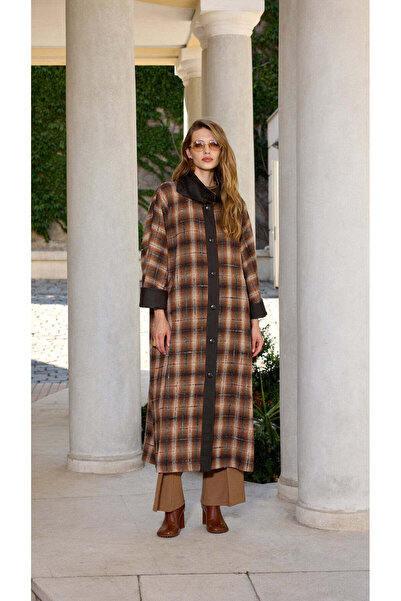 MissWhence Long Wool-Blend Patterned Coat - Brown