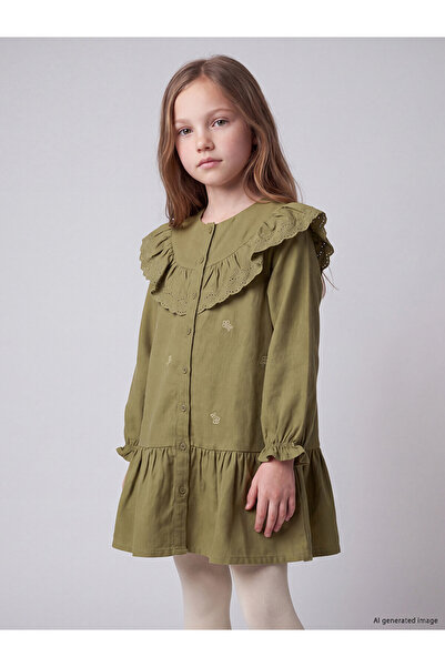 LC Waikiki Lcw Kids Khaki Gabardine Embroidered Girls' Dress with Nevavm Diff...
