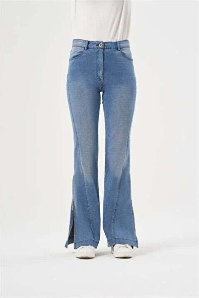 MissWhence Flared Stretch Trousers with Zipped Hems - Navy