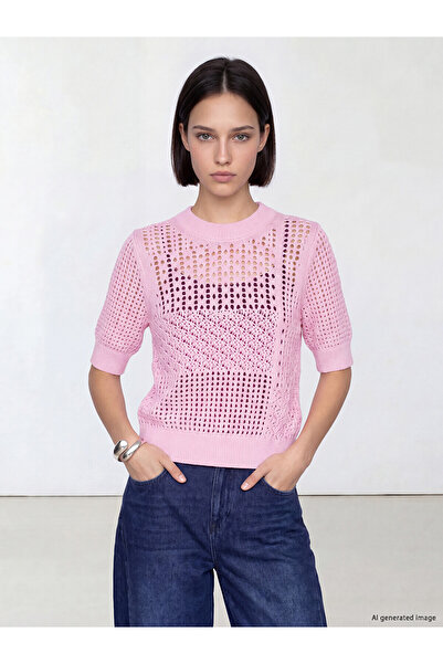 LC Waikiki Nevavm Lcw Comfort Pink Knitwear Openwork Oval Neck Women's Sweate...