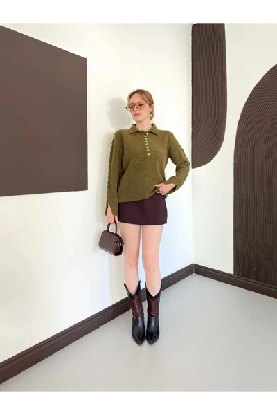 Lamierra Button Detailed Collared Sleeve Patterned Knitwear Sweater