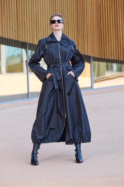 MissWhence Long Zip-Front Overcoat with Sleeve Details - Navy