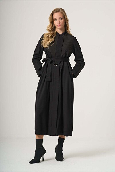 MissWhence Belted Long Coat with Textured Panels - Black