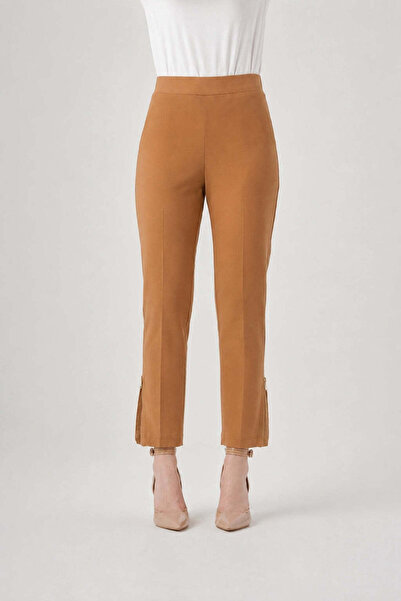 MissWhence Straight-Leg Stretch Trousers with Pleated Zip Hems - Camel