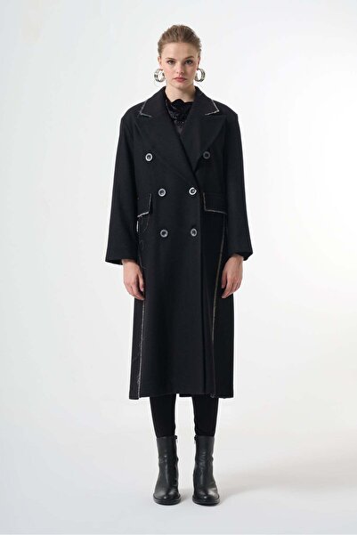 MissWhence Double-Breasted Long Coat - Black