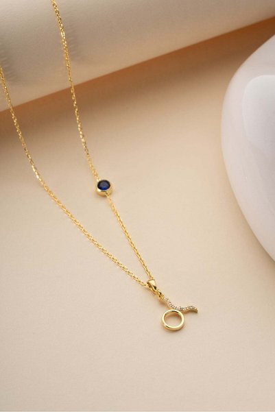Nereze 925 Ayar Gümüş Gold Kaplama Ay Taşı Boğa Burcu Kolye