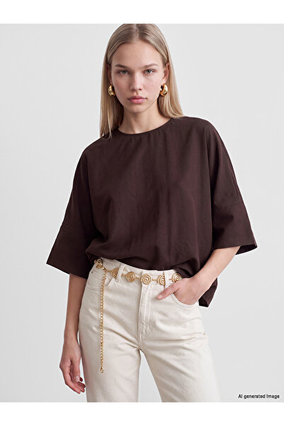 LC Waikiki Ozmarka New Season Brown Crew Neck Wide Sleeve Oversize Blouse