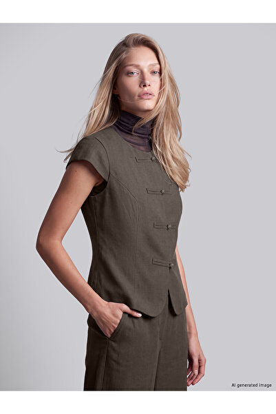 LC Waikiki Özmarka New Season Anthracite Crew Neck Decorated Buttoned Blouse