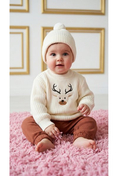 Asila Baby Knitwear Sweater Pine and Deer Embroidered Camisole Pants Knitwear Pompom Hat Oversize Model 3-Piece Unisex Set