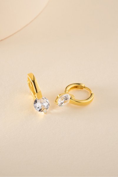 Nereze 925 Ayar Gümüş Gold Kaplama 12 mm Beyaz Taşlı Halka Küpe