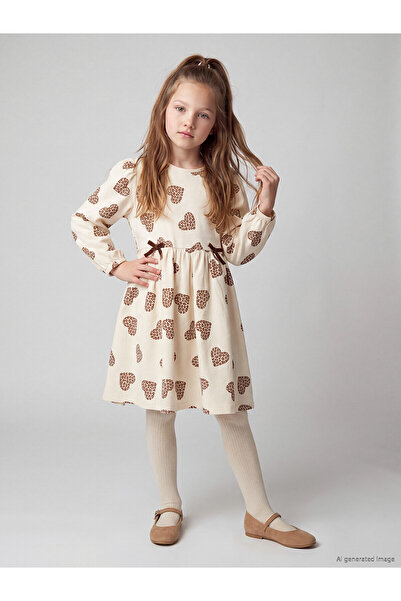 LC Waikiki Alita City Lcw Kids Ecru 2 Thread Patterned Girl's Dress with a Di...