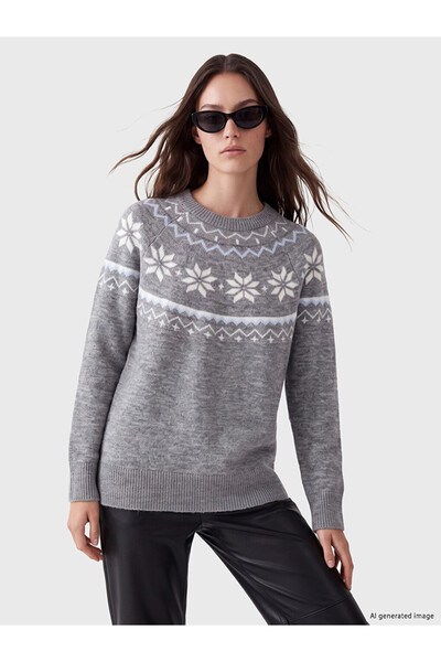 LC Waikiki Vizyon New Season Gray Crew Neck Patterned Women's Knitwear Sweater