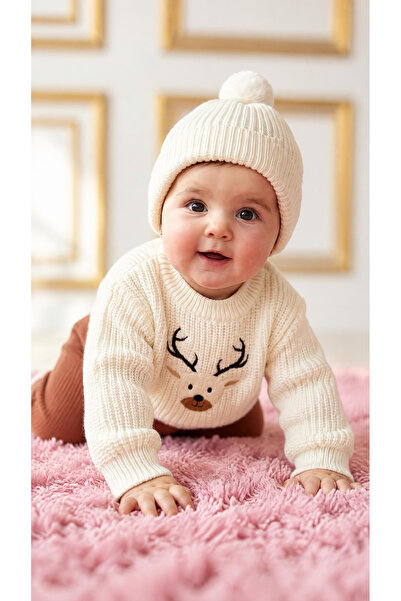 Asila Baby Knitwear Sweater Pine and Deer Embroidered Camisole Pants Knitwear Pompom Hat Oversize Model 3-Piece Unisex Set