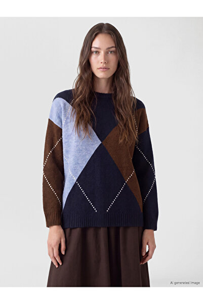 LC Waikiki Nevavm Farkıyla Lcw Modest Navy Blue Knitwear Diamond Patterned Lo...