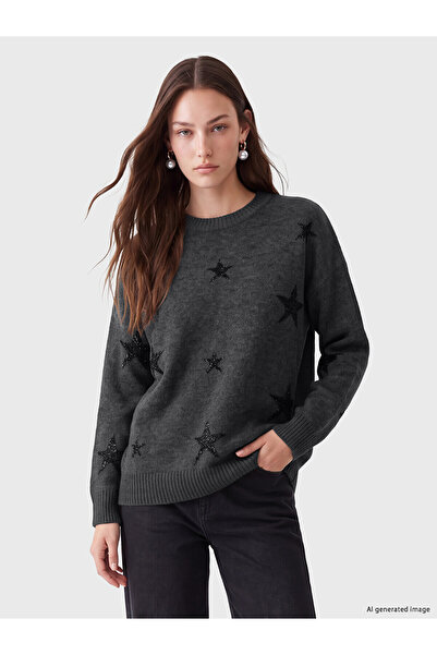 LC Waikiki Nevavm Lcw Modest Anthracite Knitwear Patterned Loose & Baggy Wome...