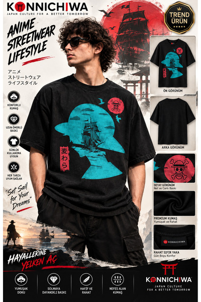 FG KONNİCHİWA One Piece Gear5 Luffy Zoro Shanks Ace Anime T-SHIRT – Μαύρο T-s...