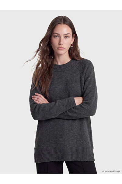 LC Waikiki Lcw Modest Gray Knitwear Plain Oversize Women's Tunic with Nevavm ...