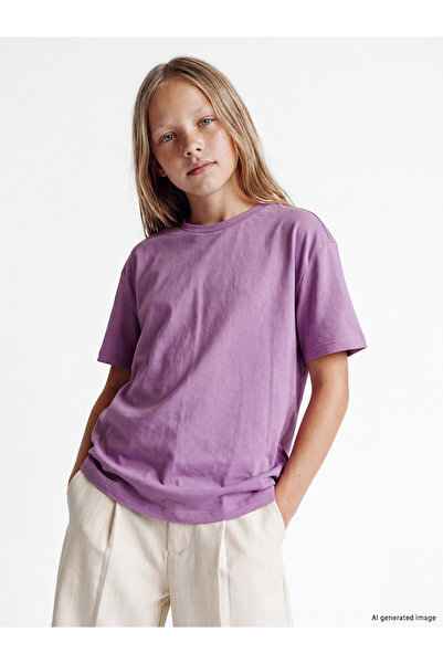 LC Waikiki Two Mt Shop Quality Lcw Kids Purple Oval Collar Girls' T-Shirt