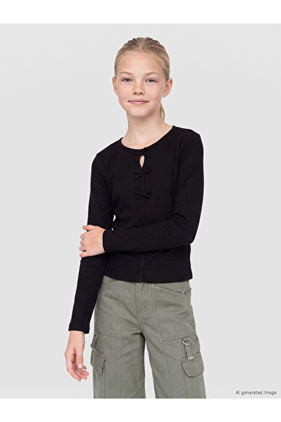 LC Waikiki Two Mt Shop Quality Lcw Kids Black Oval Collar Bow Detail Girls' T...
