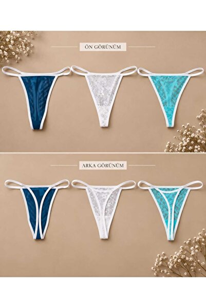 TANGA DANTELLİ 3 LÜ SET TURKUAZ/ SAKS MAVİSİ / BEYAZ