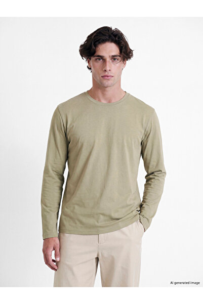 LC Waikiki Peak New Season Green Crew Neck Long Sleeve Combed Cotton Men's T-...