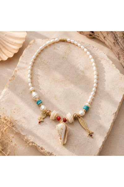 azra takı tasarım Handmade Pearl, Seashell, Fish, Tiny Coral Women's Short Ne...