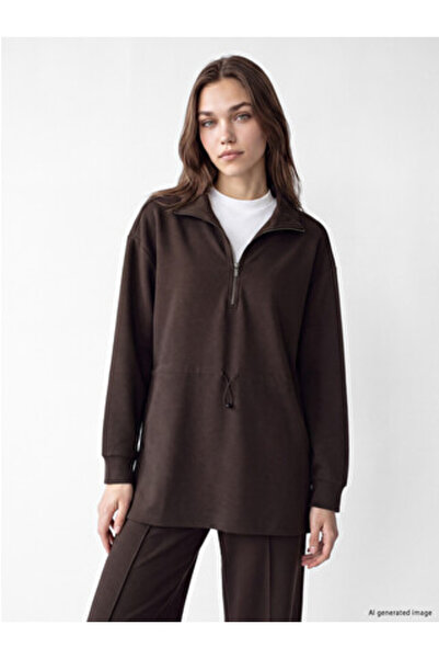 LC Waikiki Brown Stand Collar Oversize Women's Sweatshirt Tunic